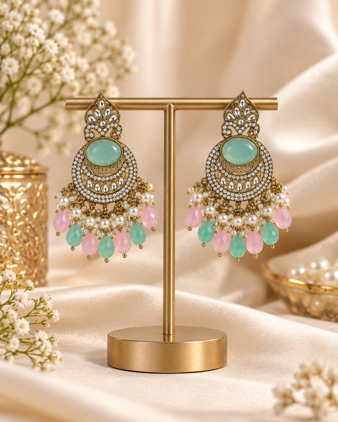 ANTIQUE GOLD CRESCENT STATEMENT CHANDBALI EARRINGS WITH PEARL & CRYSTAL BEADS